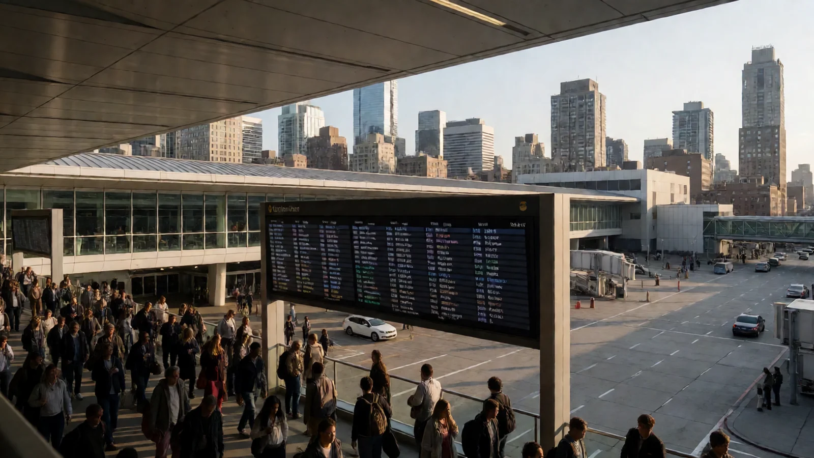 Airport departure board showing delayed flights with passengers waiting below