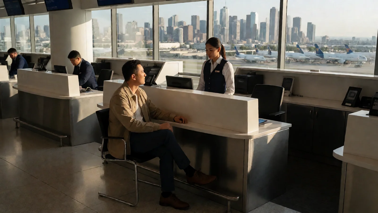 Traveler speaking with airline staff at a customer service counter in a terminal