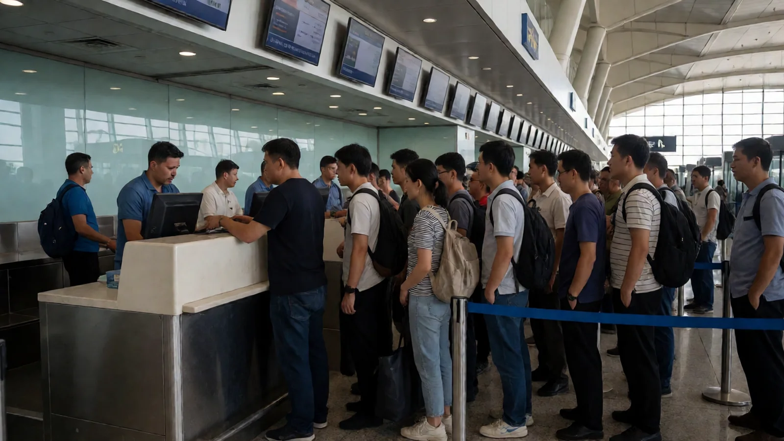 Charter flight check-in desk with evacuees queuing at a Middle East airport terminal