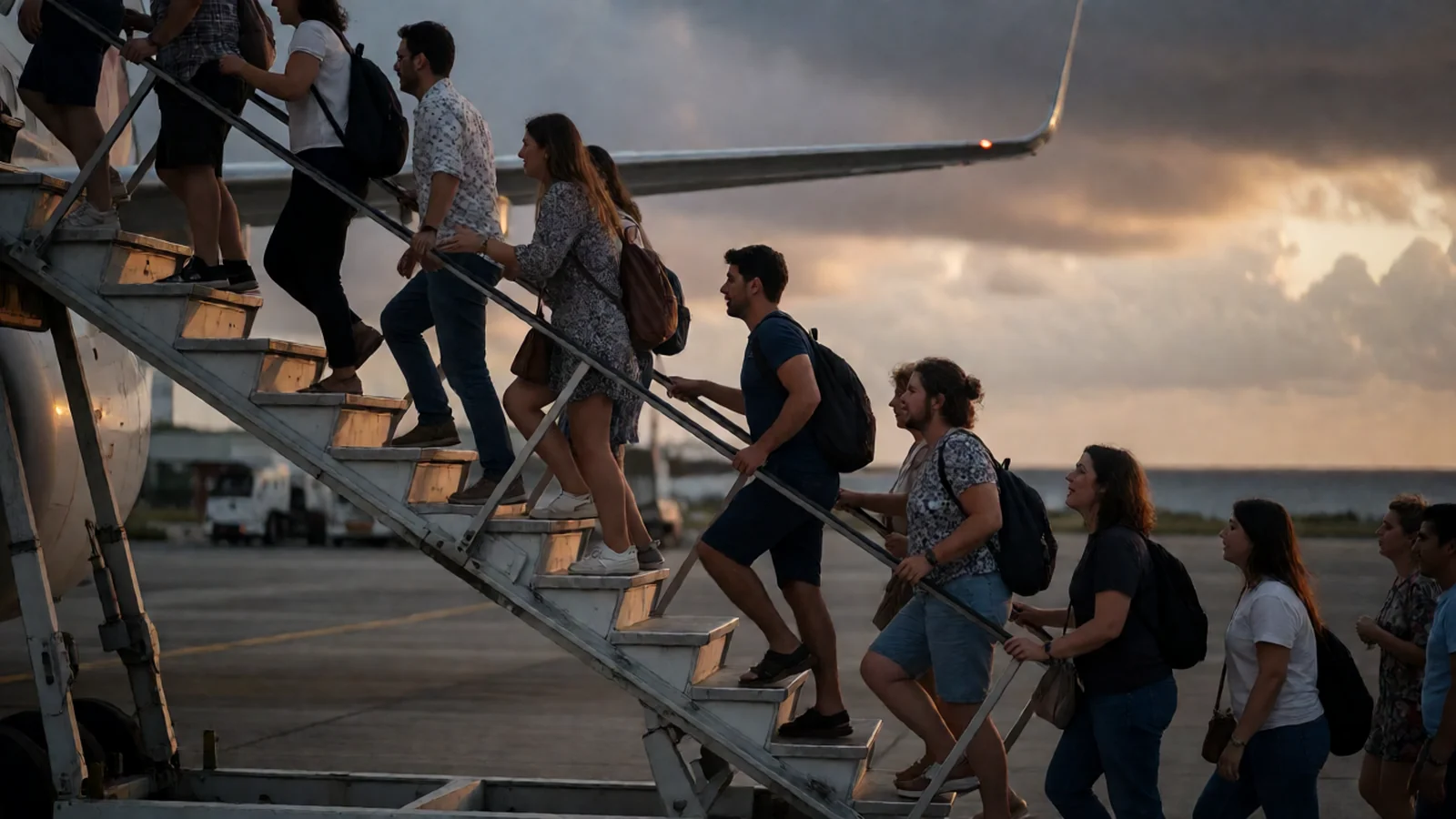 Passengers climbing aircraft boarding stairs on the tarmac at dusk