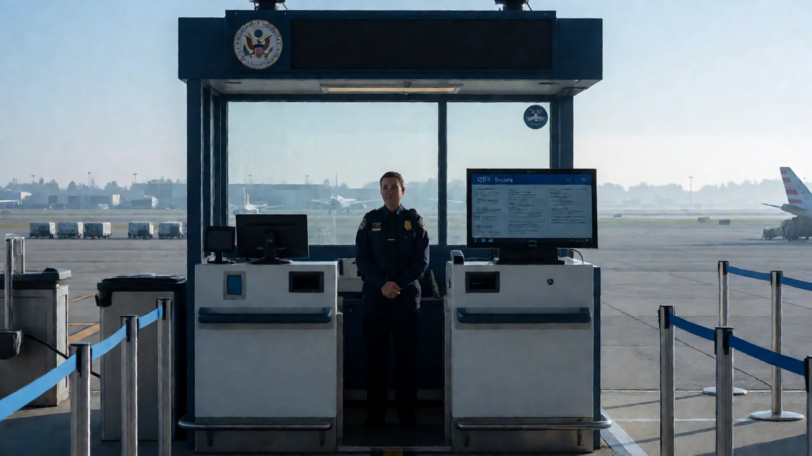 US airport passport control desk with CBP officer and electronic processing screen