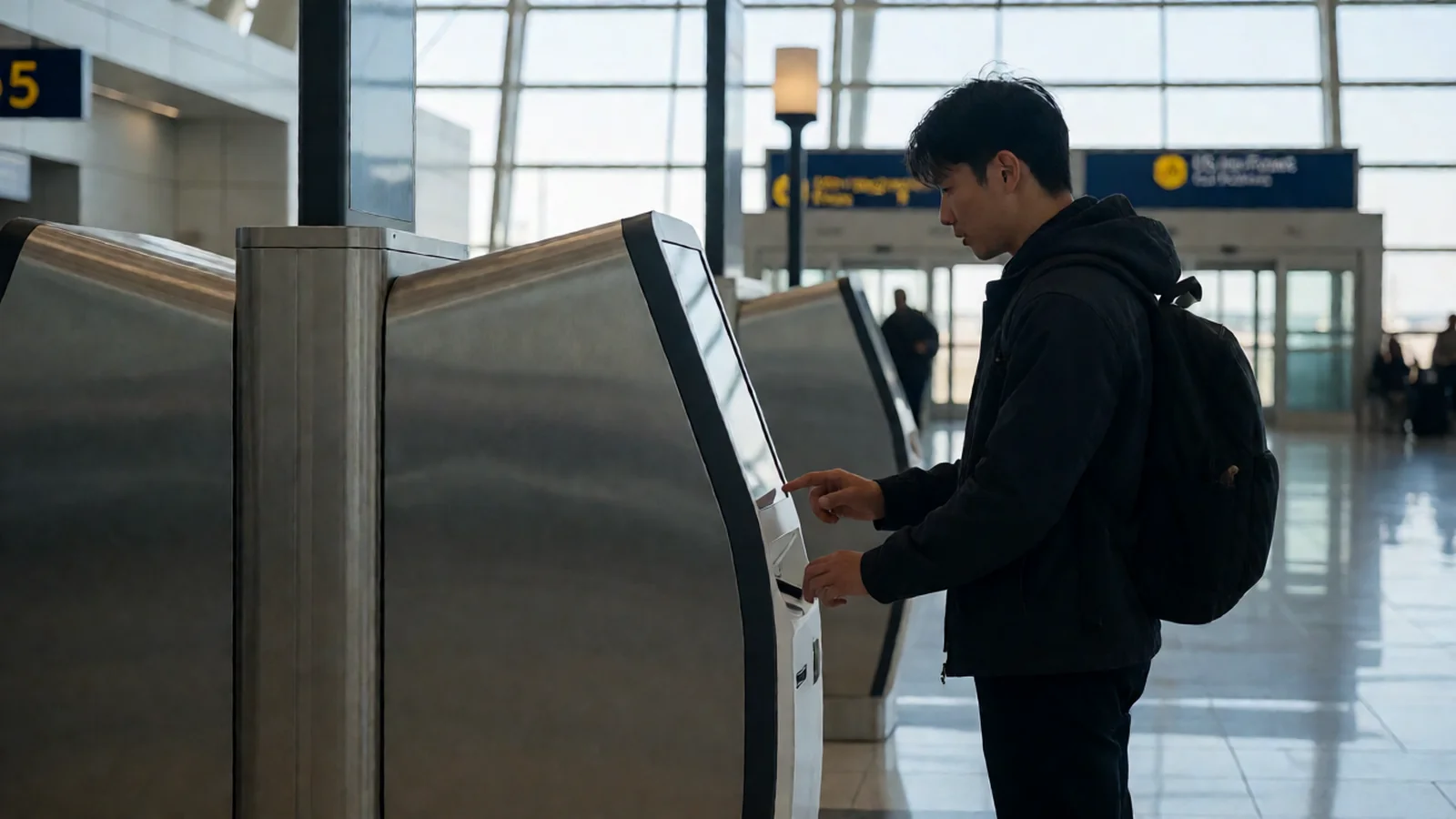 Traveler using an e-passport kiosk in a US airport arrivals hall